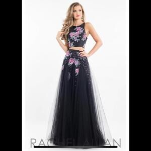 Rachel Allan 7511 floral black tulle high neckline two piece prom dress NEW 0